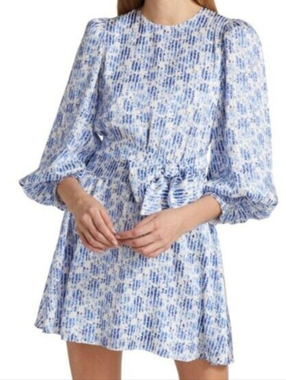 ALICE & OLIVIA lt Blue Silky MINI Floral Puff-Sleeve Belt LUXURY Party Dress 4